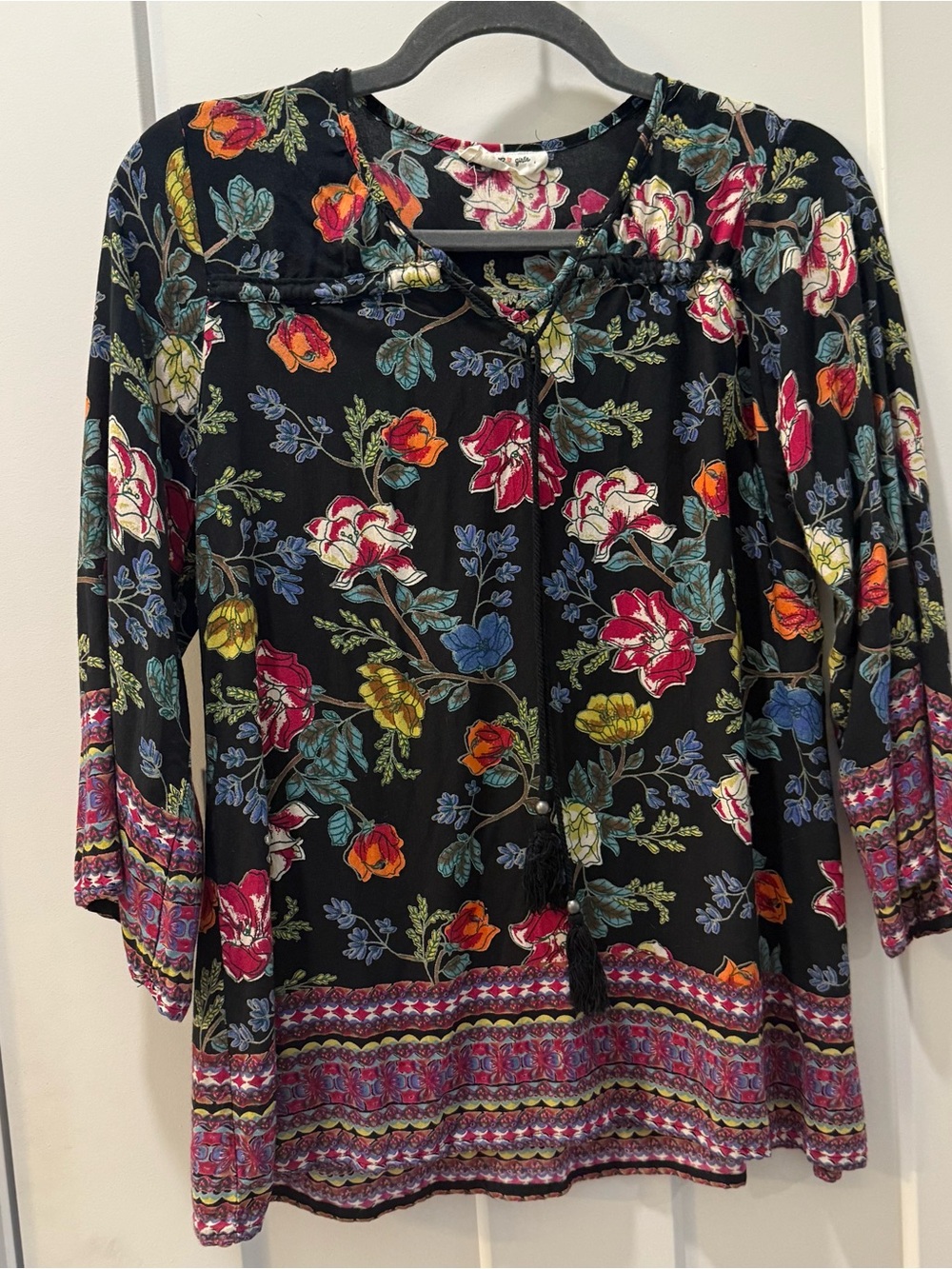 Angie Black Floral Tassel-Tie Tunic with Multicolor Border